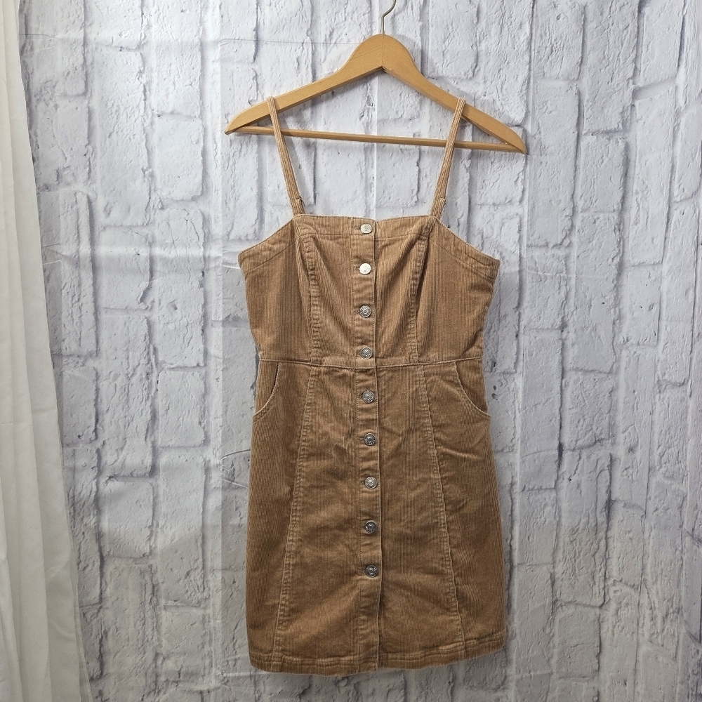 Love Tree Medium Tan Button Front Corduroy Spaghetti Strap Summer Mini Dress